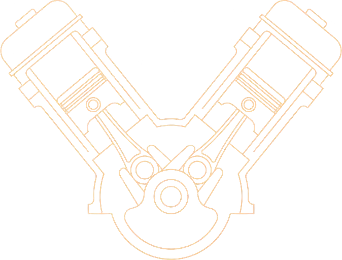 Technical line drawing of a V8 engine in champagne gold